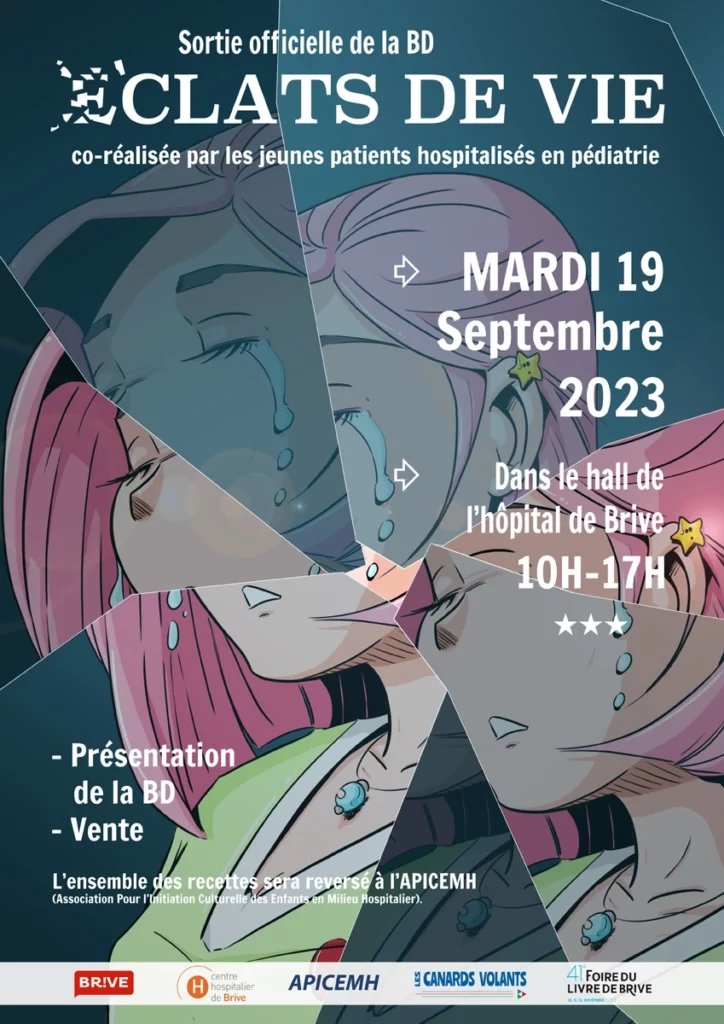 Affiche qui annonce la date de présentation de l'album BD "éclat de vie" réalisé avec les enfants de l'hôpital de Brive. Image webp.