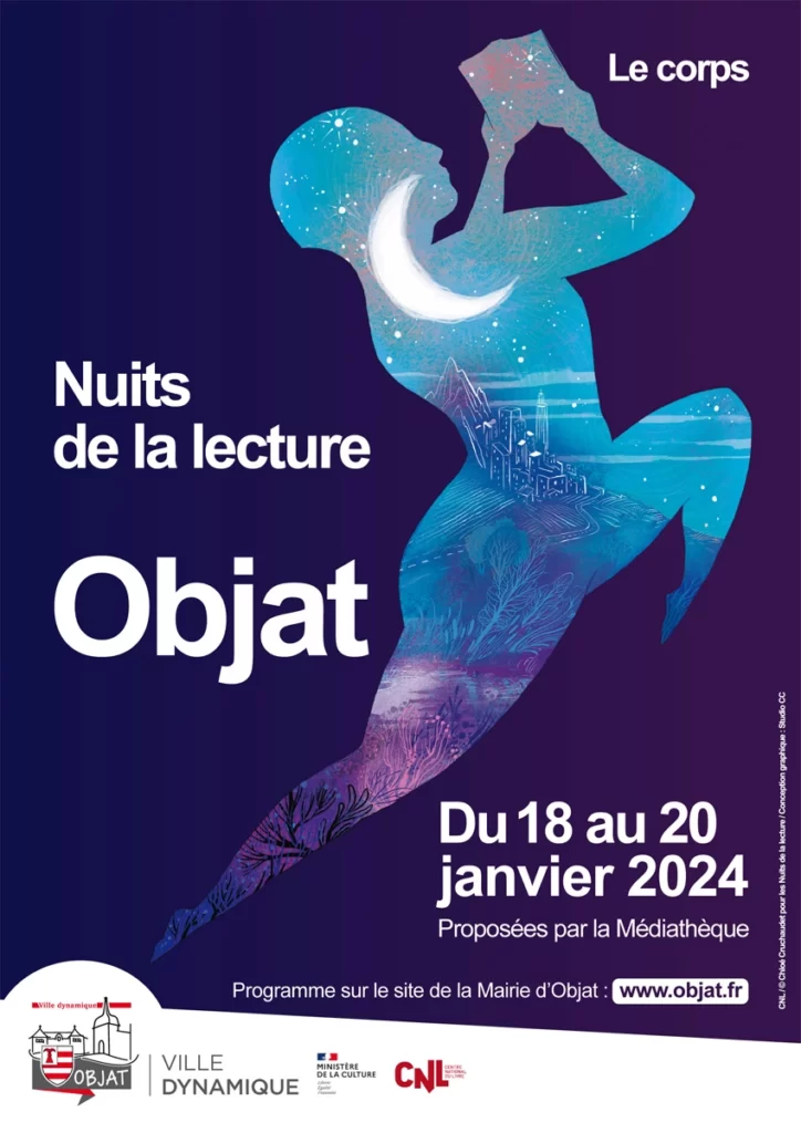 Affiche webp des nuits de la lecture. Manifestation nationale qui se tiendra à Objet le 19 Janvier 2024. L'affiche montre un dessin d'une personne qui lit en marchant.