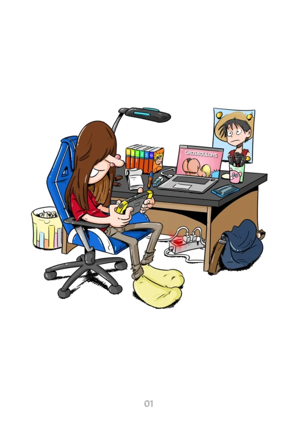 Dessin en couleur de Pétaroo, le mangaka, à son bureau. Il est en train de jouer à la Nintendo Switch au lieu de travailler.